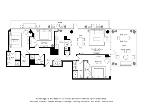 Floor plan for 3 beds, 3 baths, 1668 sqft